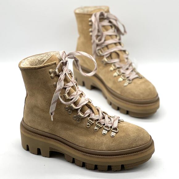 ALLSAINTS Wanda Shearling Boot Womens 9 Sand Brown Suede Lace Up Hiker Winter